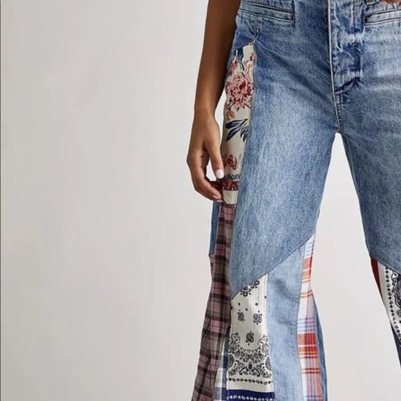 Free People Cortez Pierced Wide Leg Jean Mixed Floral Bandana Plaid Print - Picture 4 of 10